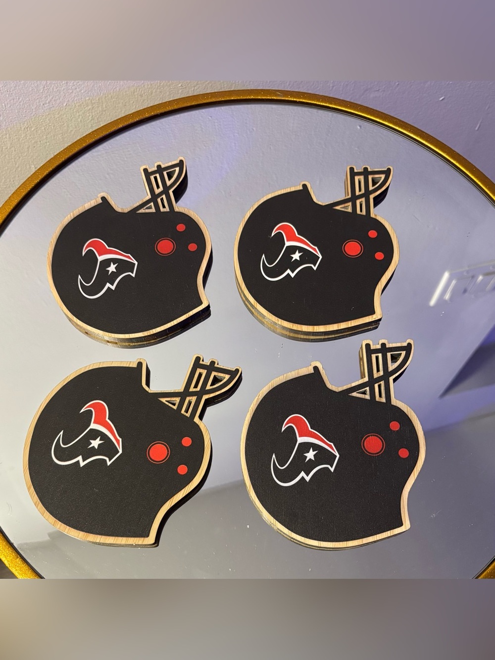 Black Football Helmet Coaster Set with Red and White Logo Details